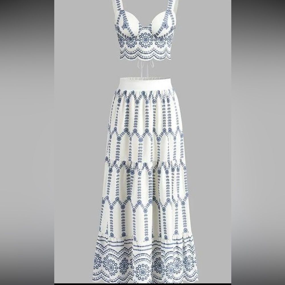 White and Blue Eyelet Two-Piece Skirt Set - Women